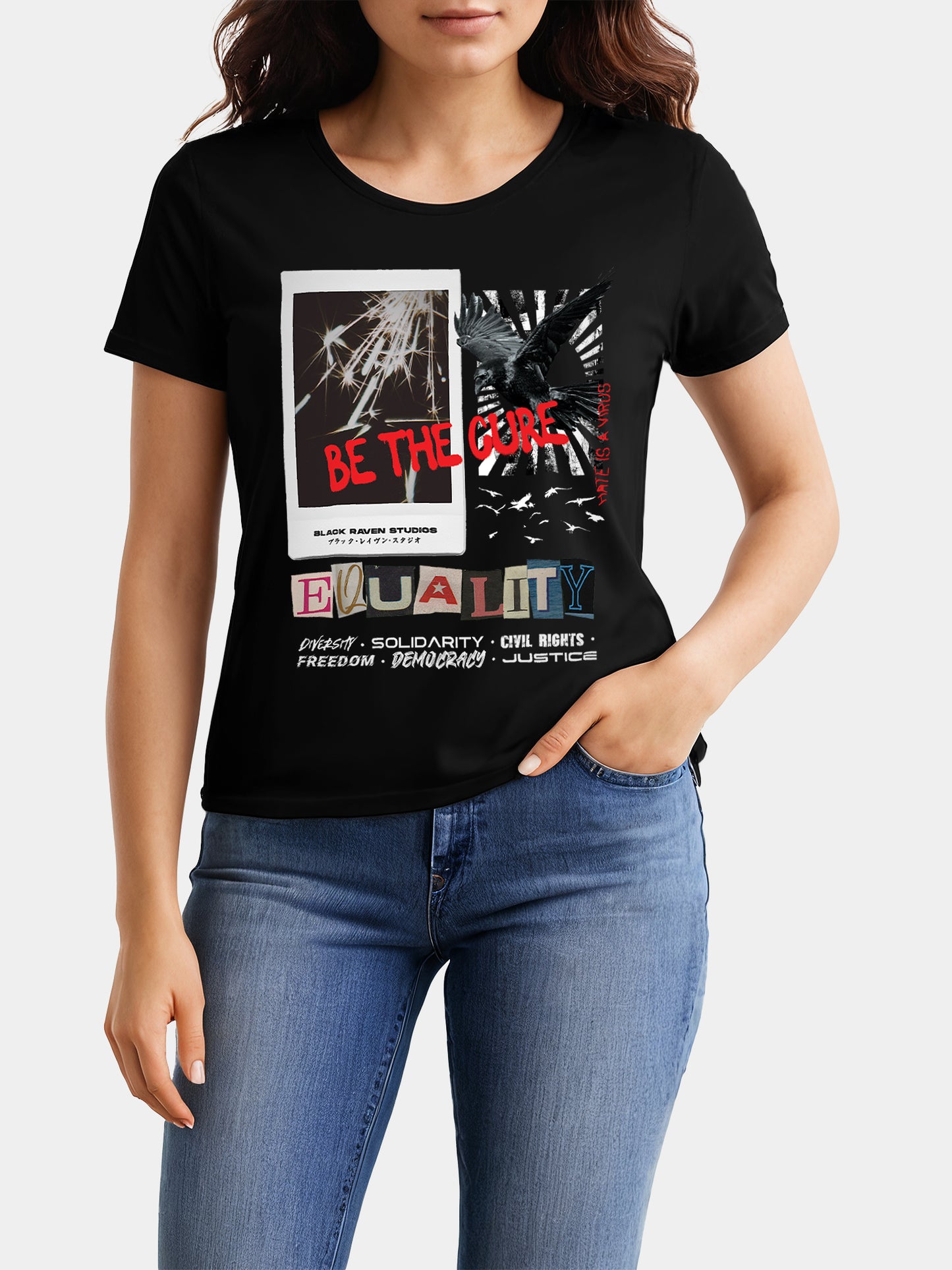 Black graphic tee with design: “Equality Collage - For Her”