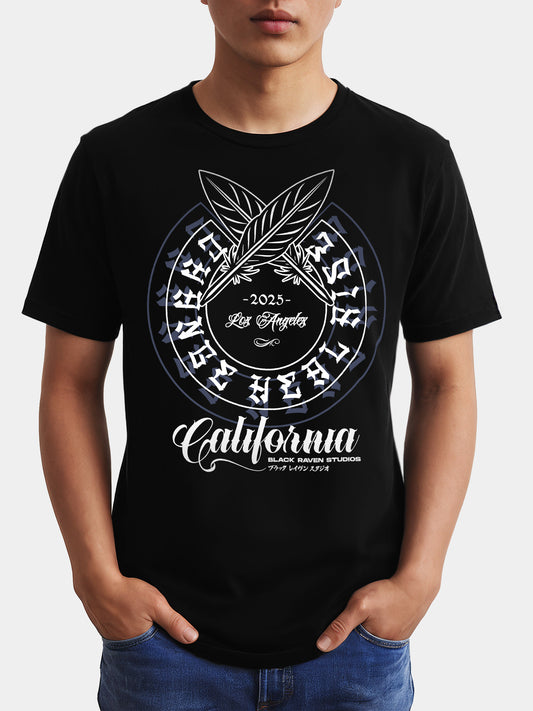 Black graphic tee with design: “Rise LA - For Everyone”