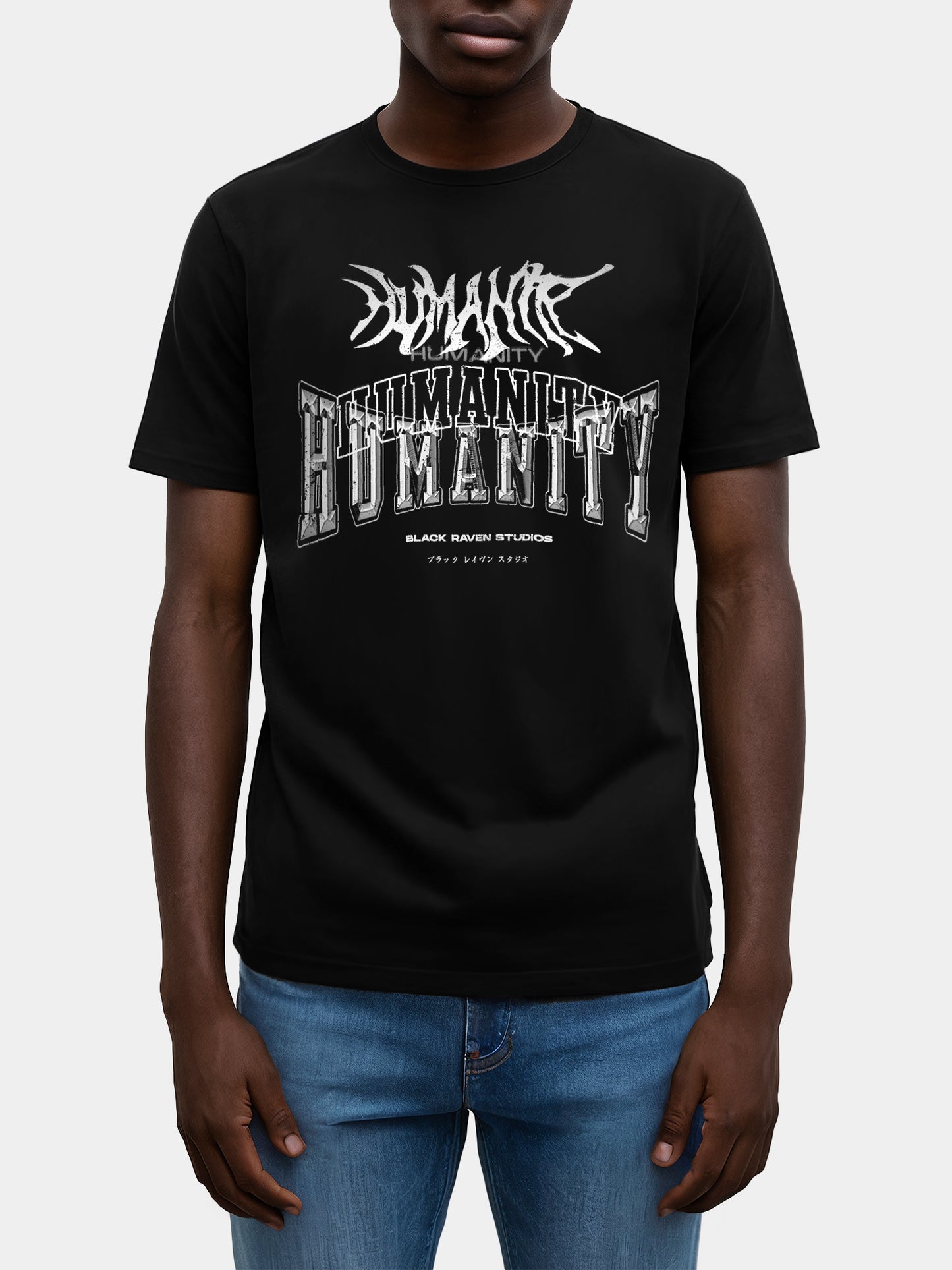 Black graphic tee with design: “Humanity - For Everyone”