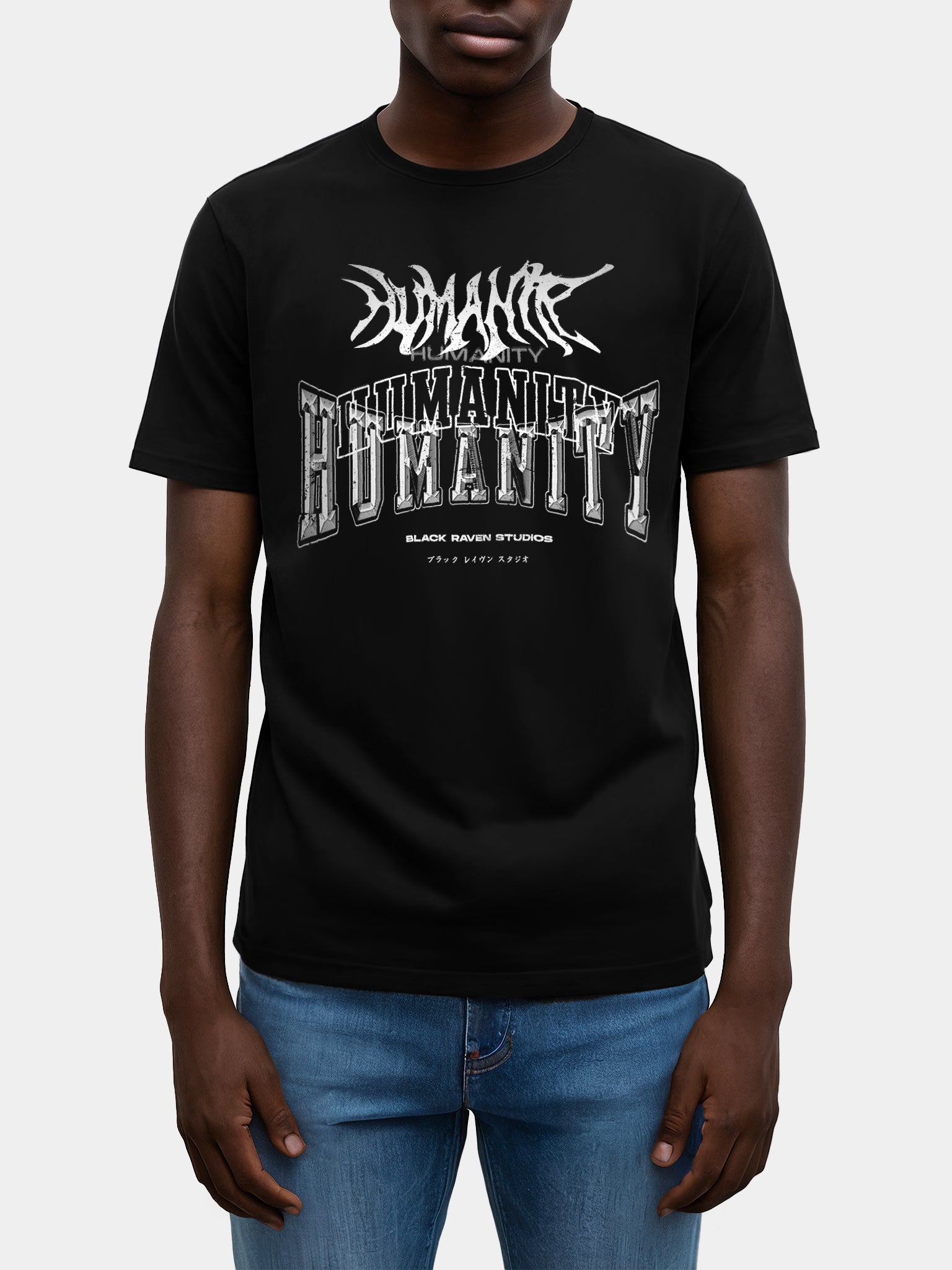 Black graphic tee with design: “Humanity - For Everyone”