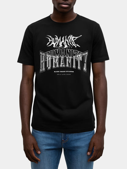 Black graphic tee with design: “Humanity - For Everyone”