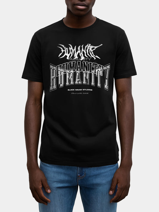 Black graphic tee with design: “Humanity - For Everyone”