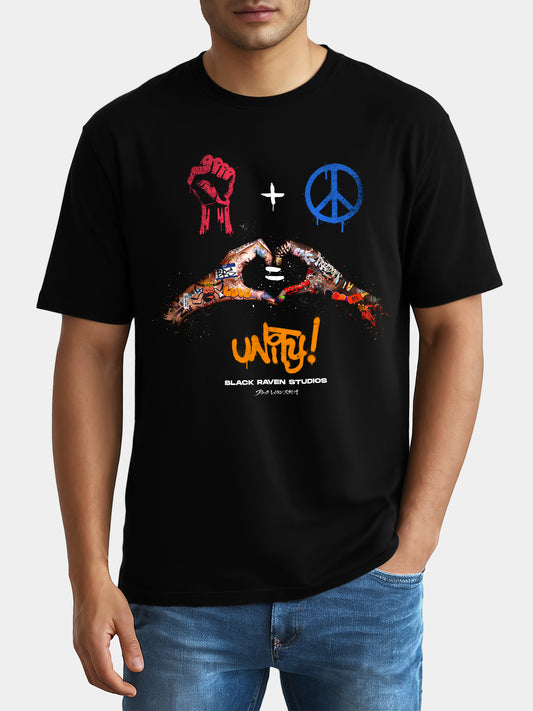 Black graphic tee with design: “Unity - For Everyone”