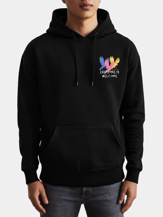 Black graphic hoodie with design: “Everyone Is Welcome - For Everyone Hoodie”
