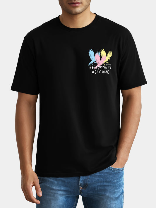 Black graphic tee with design: “Everyone Is Welcome - For Everyone”