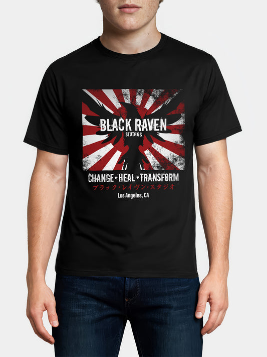 Black graphic tee with design: “Rebel Sun - For Everyone”