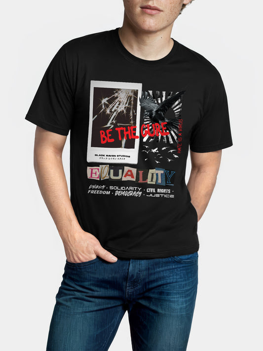 Black graphic tee with design: “Equality Collage - For Everyone”