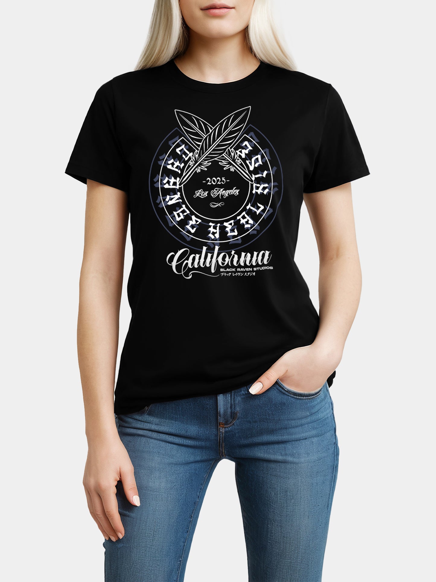 Black graphic tee with design: “Rise LA - For Her”