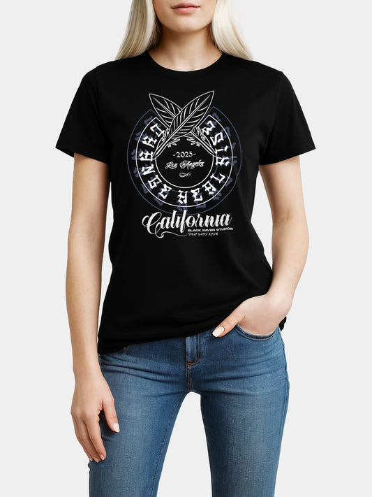 Black graphic tee with design: “Rise LA - For Her”