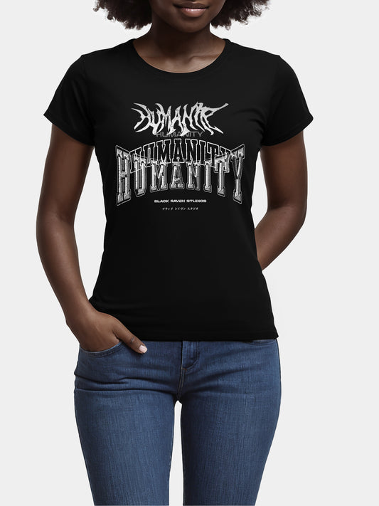 Black graphic tee with design: “Humanity - For Her”