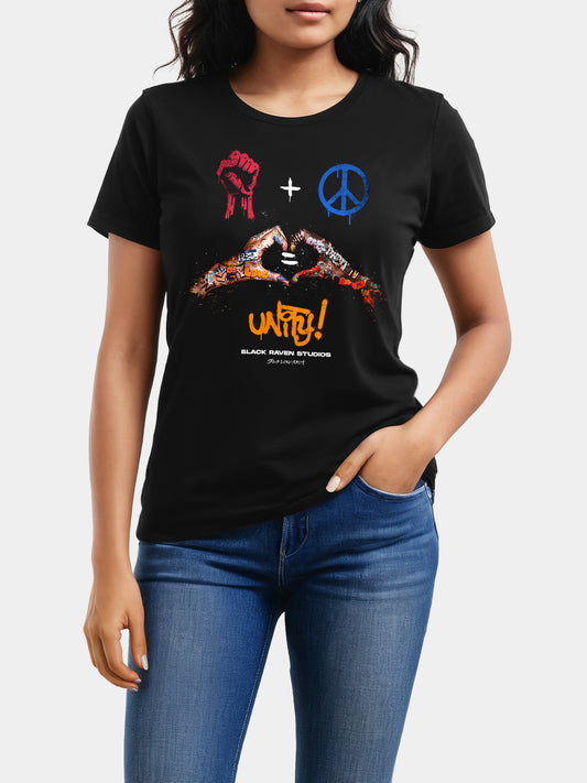 Black graphic tee with design: “Unity - For Her”
