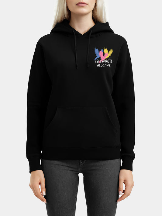 Black graphic hoodie with design: “Everyone Is Welcome Hoodie - For Her”
