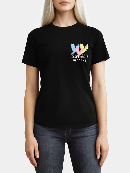 Black graphic tee with design: “Everyone Is Welcome - For Her”