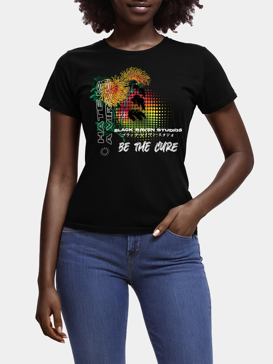 Black graphic tee with design: “Floral Rebellion - For Her”