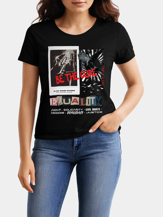 Black graphic tee with design: “Equality Collage - For Her”